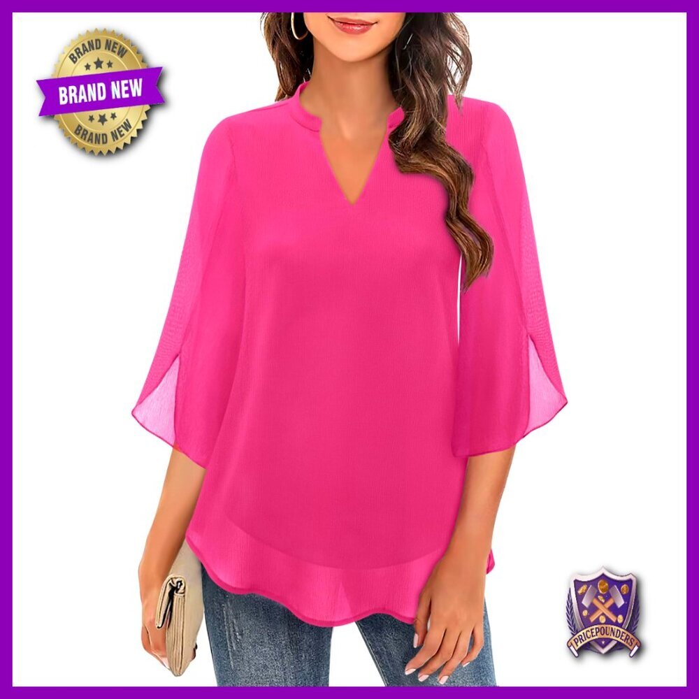 Women's Chiffon Blouse 3/4 Bell Sleeve V-Neck Double Layer Tunic Top